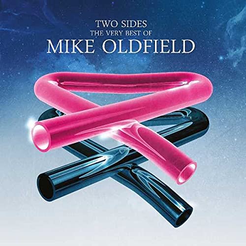 Album cover with text Two Sides The Very Best Of Mike Oldfield over tubular shapes.
