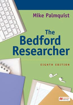 Book cover for "The Bedford Researcher," eighth edition, with writing tools.