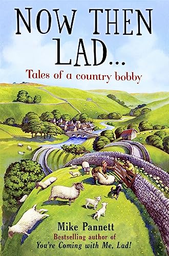 Book cover: rolling hills, village, sheep, and a police officer.