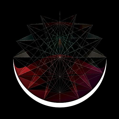 Abstract geometric design in red, black, and white, resembling a labyrinth.