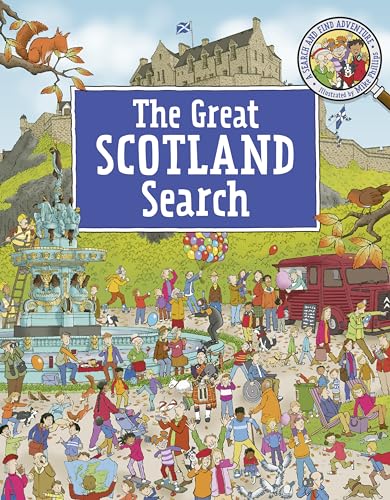 Illustrated book cover showing a busy Scottish park scene with a fountain and castle.