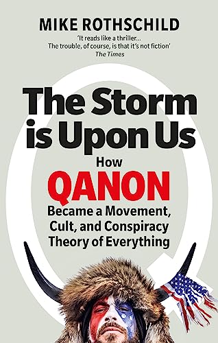 Book cover: "The Storm Is Upon Us" about the QAnon conspiracy, with imagery of a horned figure.