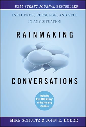 Book cover: "Rainmaking Conversations," blue background, cloud-shaped speech bubbles.