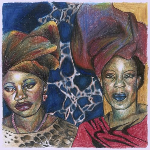 Colored pencil drawing of two women wearing headwraps against a blue patterned background.