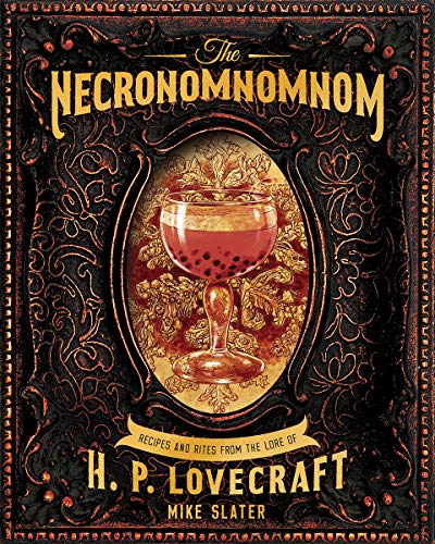 Book cover with ornate dark design, a red drink in a glass, and title.