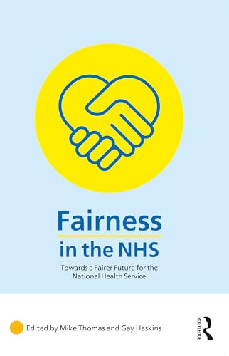 Book cover with yellow circle, blue hands shaking, and text: "Fairness in the NHS".