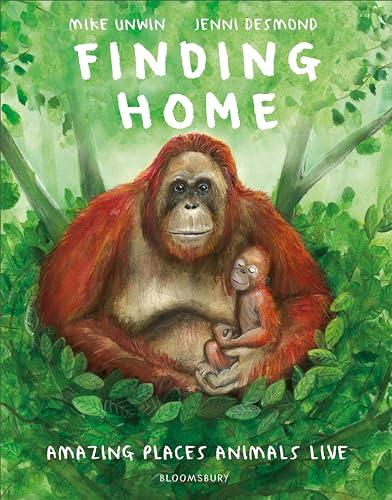 A watercolor illustration of an orangutan holding its baby in a lush green forest.