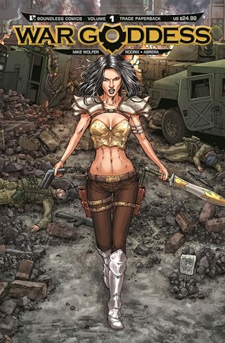 Comic book cover: armored woman with sword standing amidst rubble.