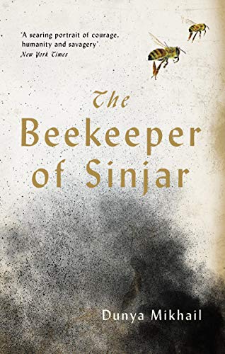 Book cover: "The Beekeeper of Sinjar" with bees and textured background.
