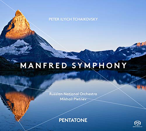 Mountain landscape with lake reflection, album cover featuring text "Manfred Symphony".