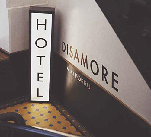 CD case for Miki Porru’s “Hotel Disamore” with text and geometric design.