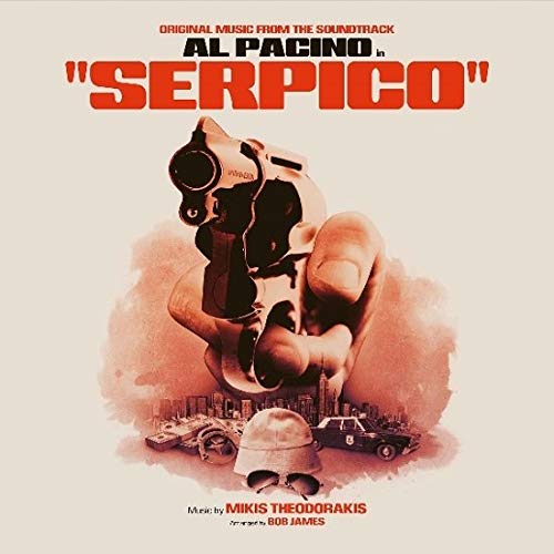 Serpico" soundtrack vinyl cover featuring a gun silhouetted against a city.