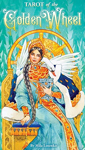 Tarot card cover depicting a woman with swans and a golden wheel.