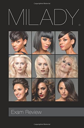 Cosmetology exam review book cover with diverse faces and hairstyles.