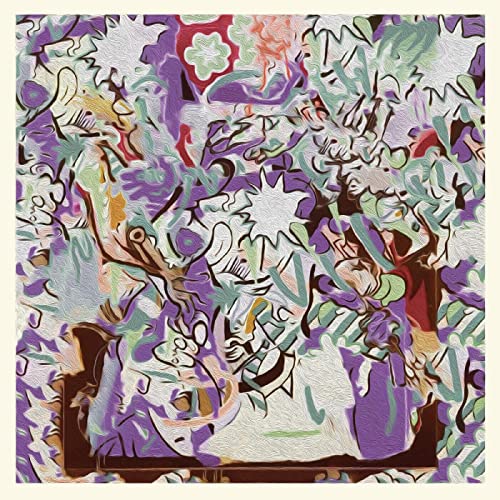 Abstract, colorful floral illustration in a square frame.