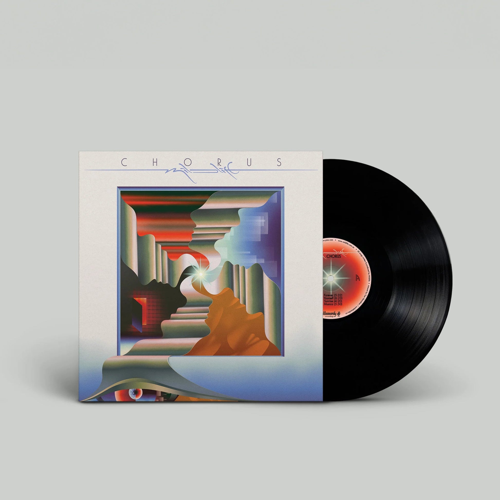 Vinyl record with abstract geometric artwork in shades of red, orange, and blue.