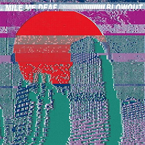 Glitch art album cover featuring a red sun over a digital, pixelated city skyline.