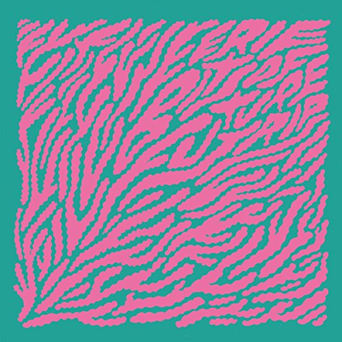 Teal square background with a dense, pink wavy pattern covering it.