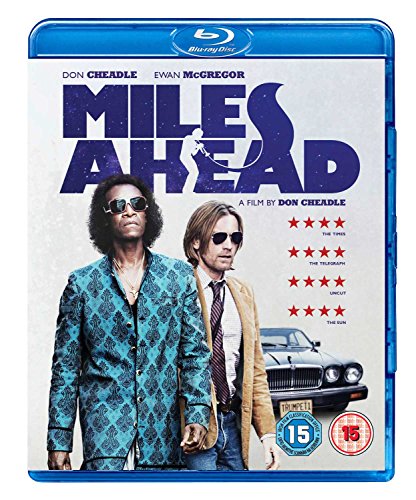 "Blu-ray case for 'Miles Ahead' film, featuring two men and a vintage car."