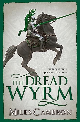 A knight in silver armor on a black horse holding a long green lance.