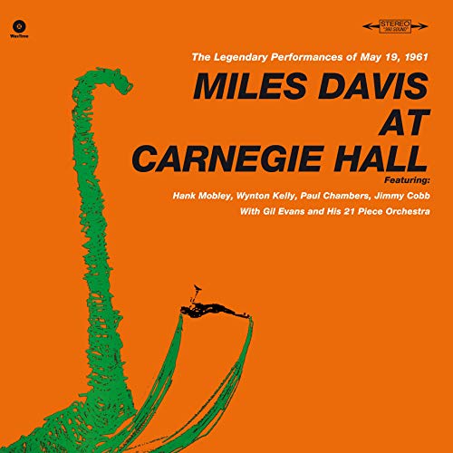 Orange album cover for Miles Davis’ “At Carnegie Hall” with a green saxophone.