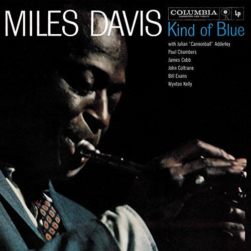 "Black vinyl record with Miles Davis album cover, featuring a man playing trumpet."