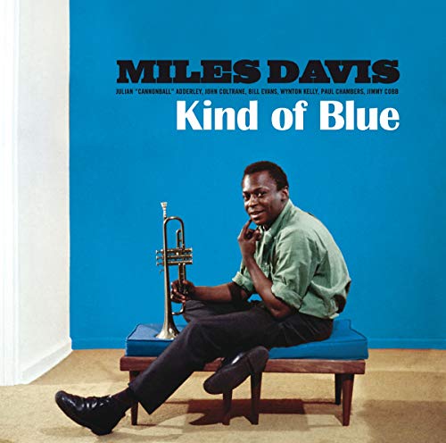Album cover for Miles Davis’ “Kind of Blue” featuring Davis with his trumpet.