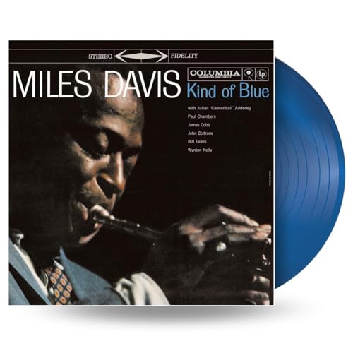 Miles Davis Kind of Blue album cover next to a blue vinyl record.