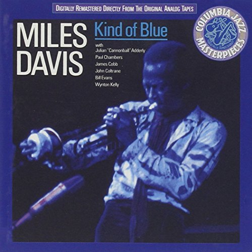 CD cover of Miles Davis’ “Kind of Blue” featuring Davis playing trumpet.