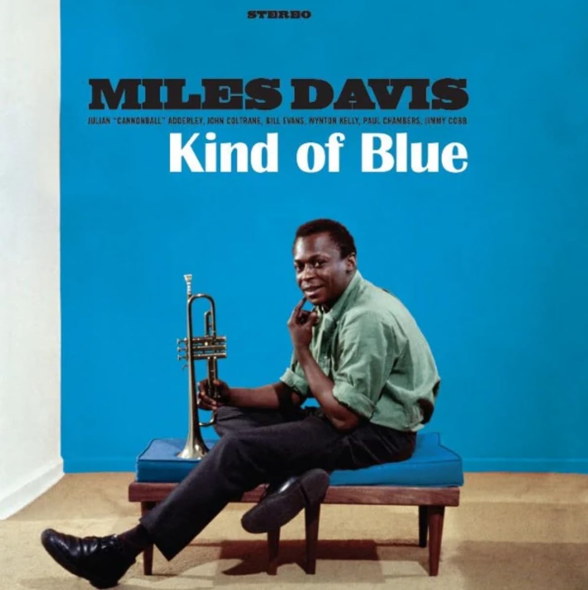 Album cover for Miles Davis’ “Kind of Blue” featuring Davis with trumpet.