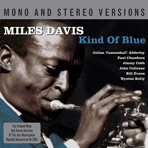 CD cover of Miles Davis’ “Kind Of Blue” featuring Davis playing trumpet.