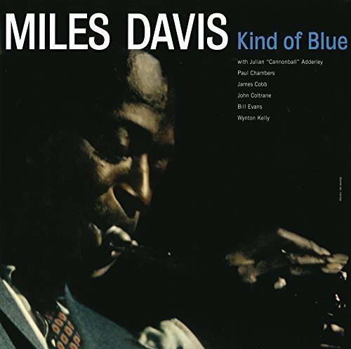 "Album cover with a close-up of Miles Davis playing the trumpet against a black background."