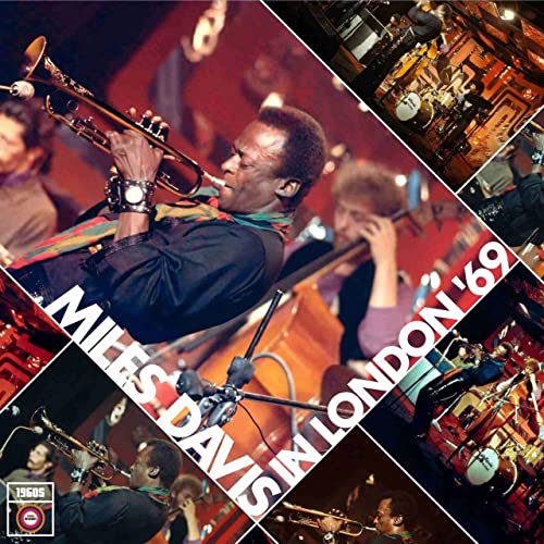 Collage of Miles Davis playing trumpet live on stage with band members in 1969.