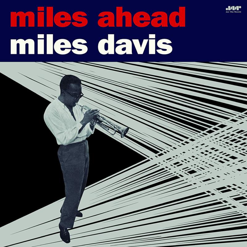 Album cover for Miles Davis’ “Miles Ahead” featuring a portrait of Davis playing trumpet.