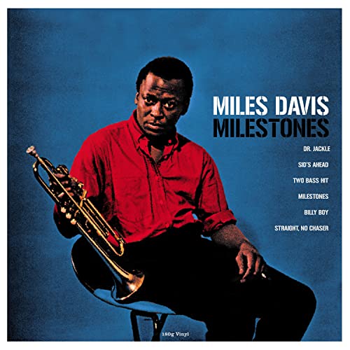 Miles Davis album cover, “Milestones,” featuring a portrait of Davis with his trumpet.