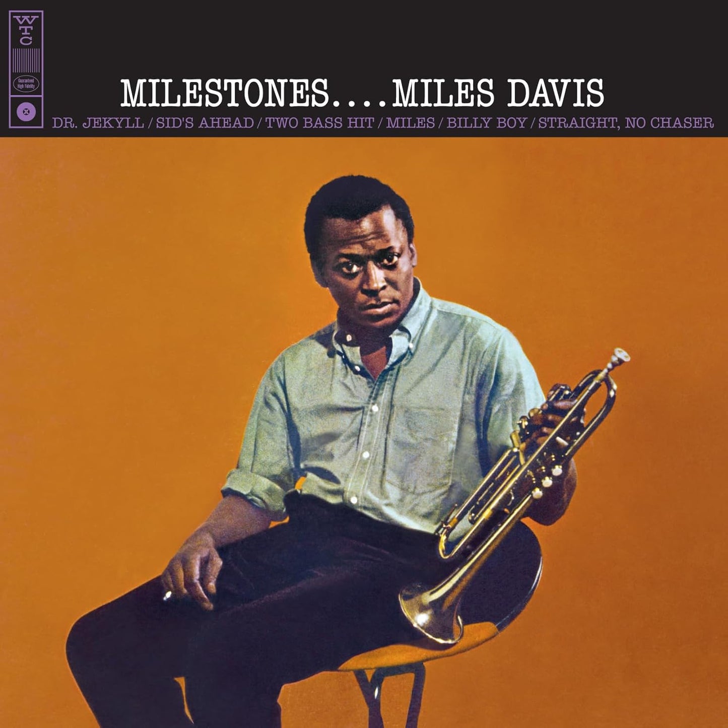 Miles Davis album cover, “Milestones,” featuring a portrait of the artist.
