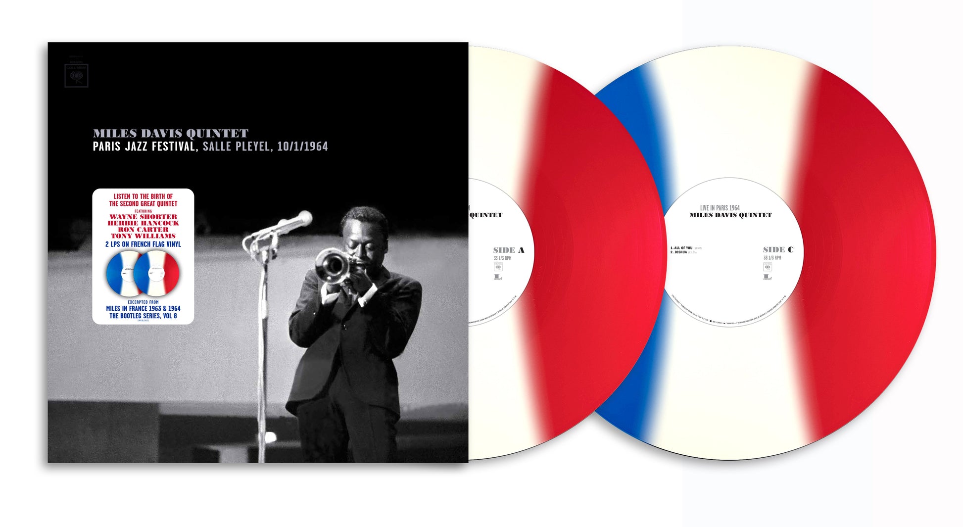 Miles Davis album cover with two vinyl records featuring blue, white, and red stripes.