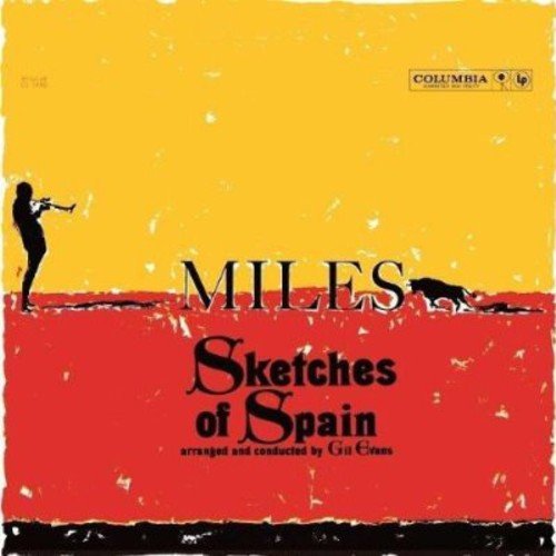 "Miles Davis Sketches of Spain vinyl album cover with yellow, red, and black design."