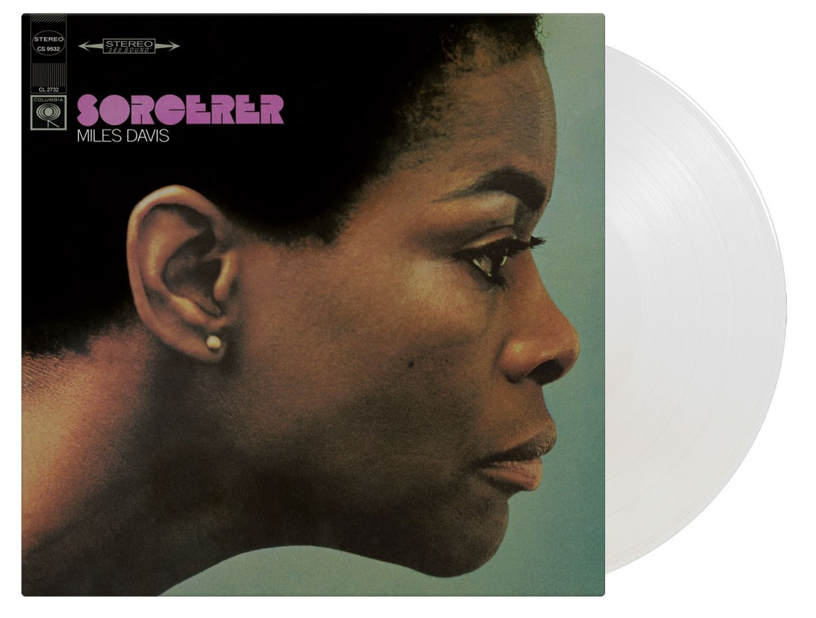 Vinyl record cover for Miles Davis Sorcerer showing a woman's profile next to disc.