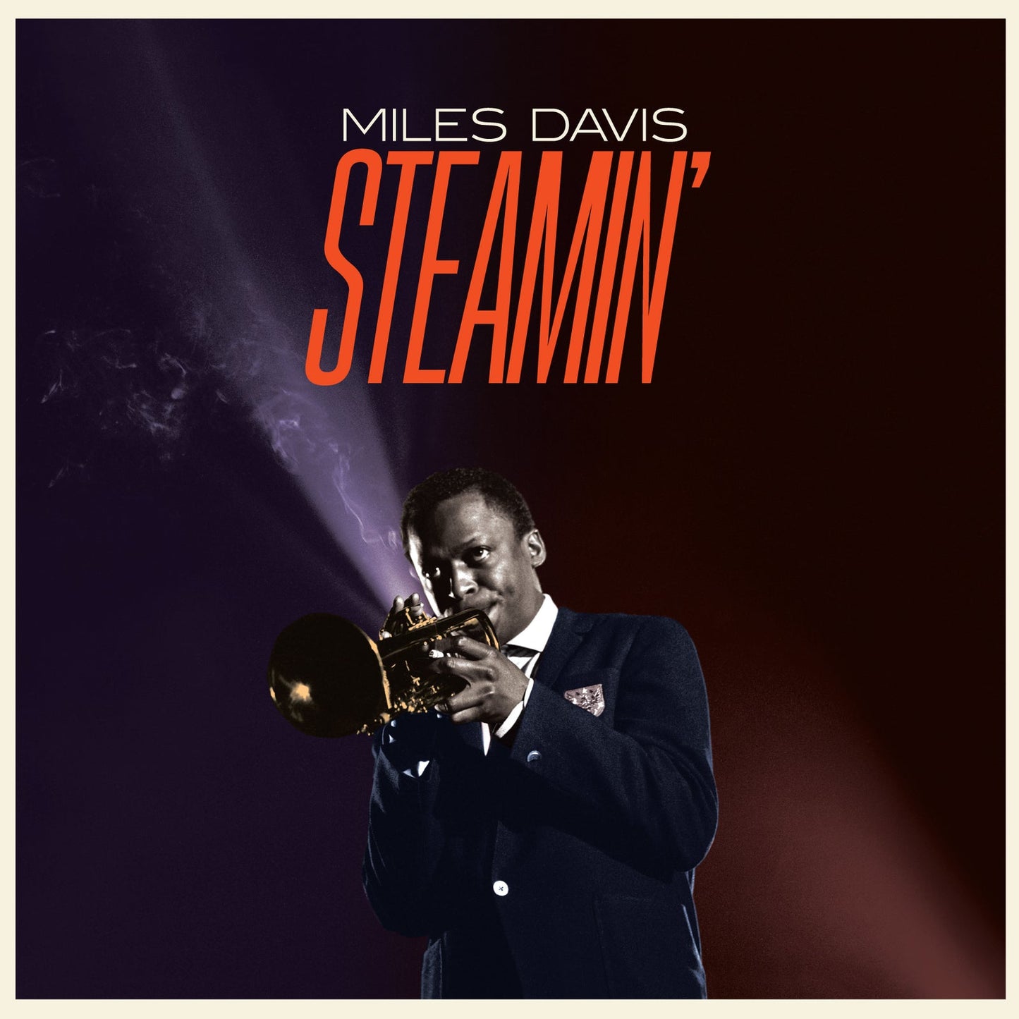 Miles Davis playing trumpet, album cover for “Steamin’”, red text on dark background.