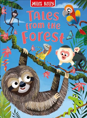 Colorful children’s book cover featuring various jungle animals amongst foliage.