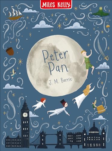 Peter Pan book cover with flying children, London landmarks, and a moon.