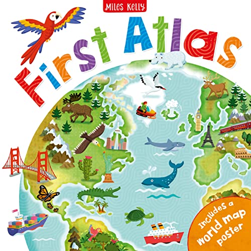 Children’s atlas cover with illustrated world map and animals.