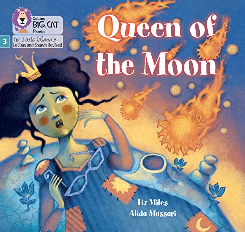 Book cover: a queen with a crescent moon and fiery comets.