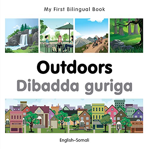 Bilingual children’s book cover with outdoor scenes and town illustration.