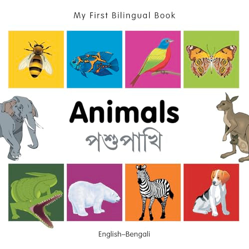 Book cover with colorful illustrations of various animals, English & Bengali text.