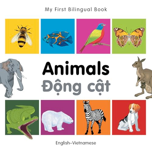 Bilingual children’s book cover featuring colorful animal illustrations.
