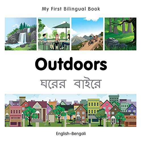 Bilingual children’s book cover with outdoor scenes and town illustration.