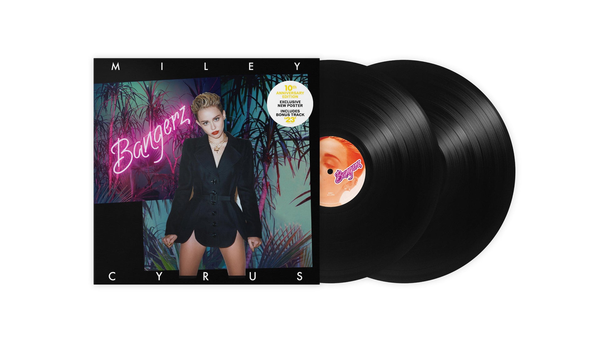 "Miley Cyrus vinyl record album cover with black vinyl records and neon palm trees."