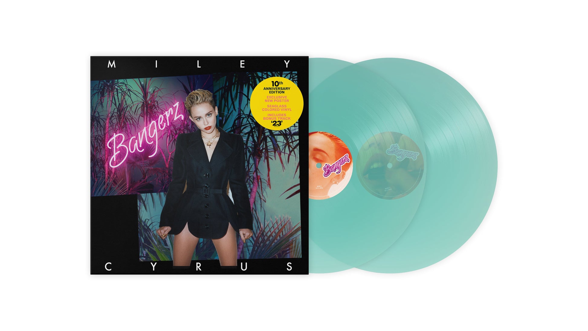 Miley Cyrus Bangerz 10th anniversary vinyl record set with two translucent seaglass colored discs.